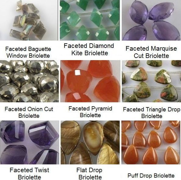 different cuts of briolettes, onion cut, marquise cut, faceted twist, tear drop briolettes and more.