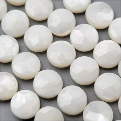 Mother of Pearl Bleached Coin Beads (N) Approximate Size 10.1 to 10.3mm, 4.2 to 5.1mm thick. 16.5 inches.