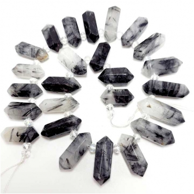 Toumalinated Quartz Double Point Top Drilled Graduated Gemstone Beads (N) 24 to 36mm 15.5 inches