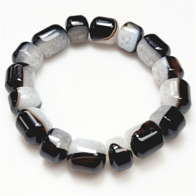 Black Brown and White Agate Barrel Gemstone Beads (DH) 13.35 to 14.3mm 9 inches