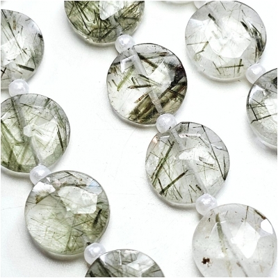 Green Tourmalinated Quartz Faceted Coin Grade AAA Gemstone Beads (N) 10mm 8 inches