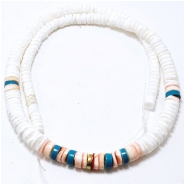 Heishi Graduated White and Pink Shell Beads with Brass Accent and Blue Beads (NDM) 4.85 to 7.8mm 16.5 inches