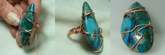 How to wire wrap a quartz crystal, a long stone or a long cabochon into a simple ring - free tutorial bfrom Magpie Gemstones.
